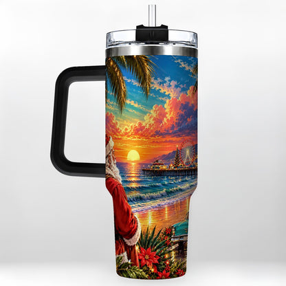#pl[40oz|Black] Coastal Santa 40oz Tumbler with Handle, Tropical Christmas Sunset