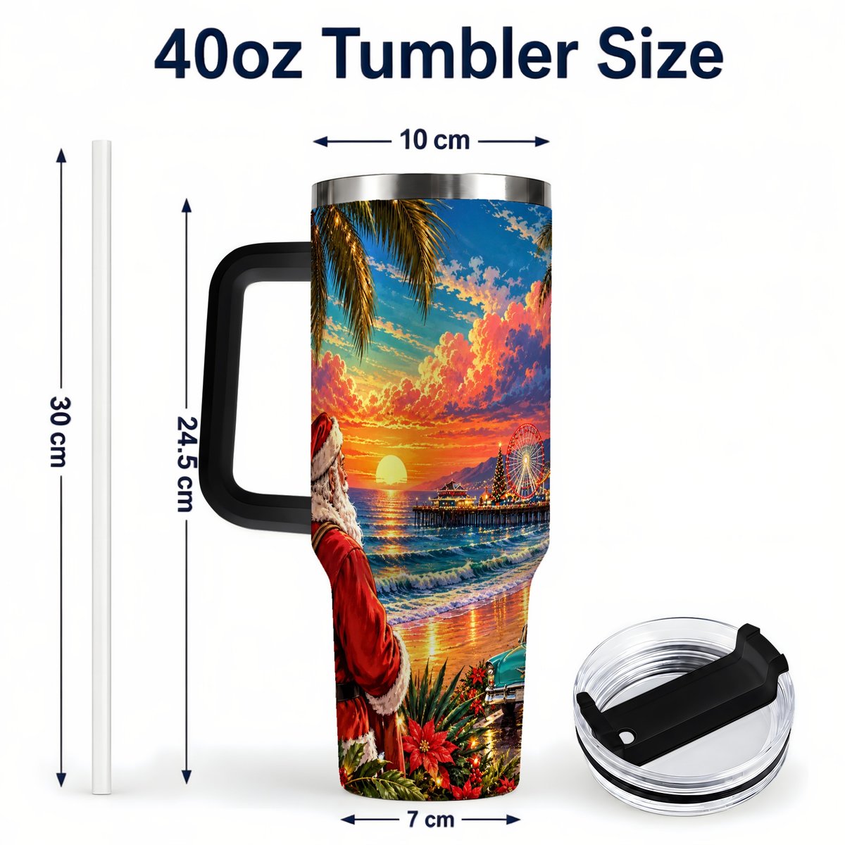 #pl[40oz|Black] Coastal Santa 40oz Tumbler with Handle, Tropical Christmas Sunset