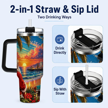 #pl[40oz|Black] Coastal Santa 40oz Tumbler with Handle, Tropical Christmas Sunset