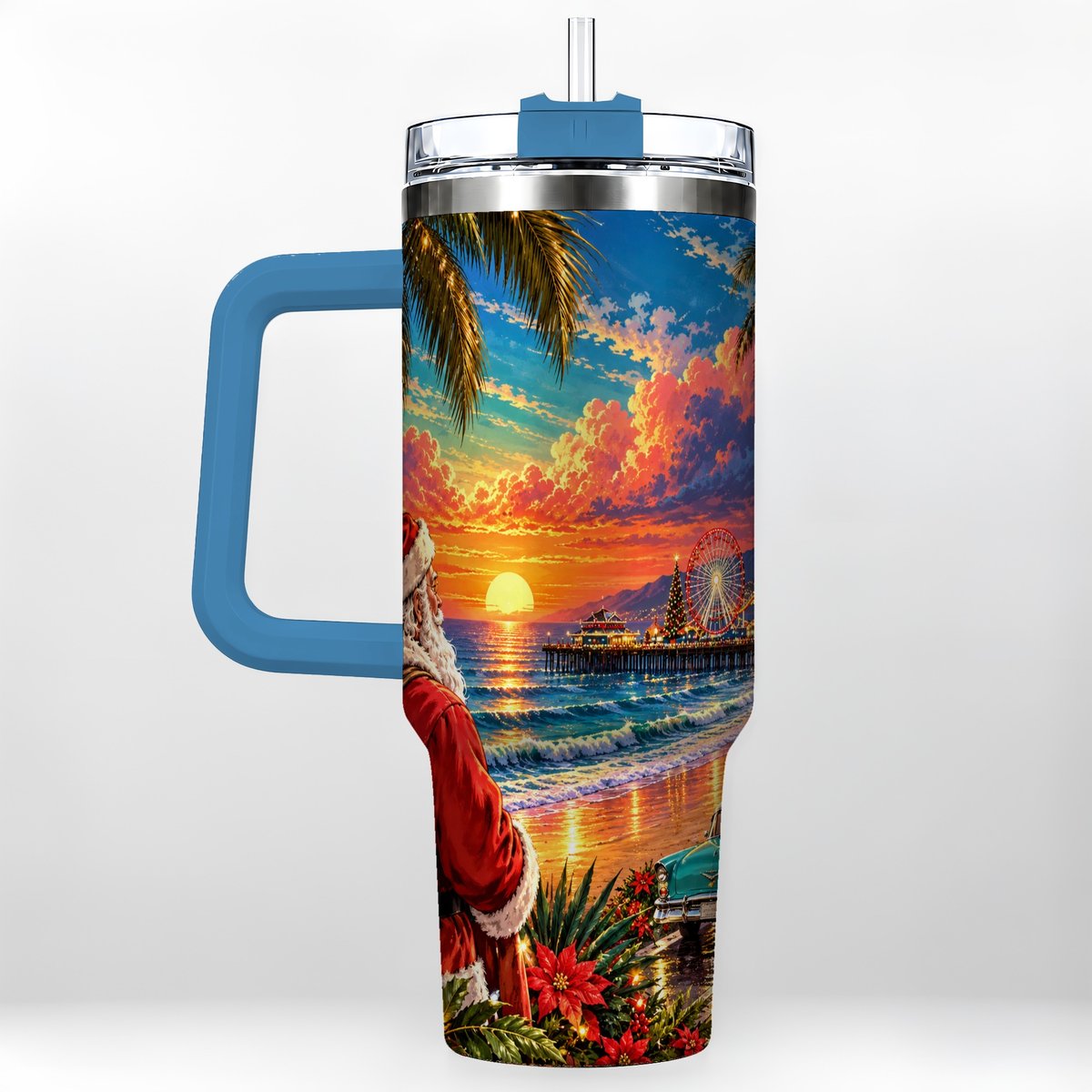 #pl[40oz|Blue] Coastal Santa 40oz Tumbler with Handle, Tropical Christmas Sunset