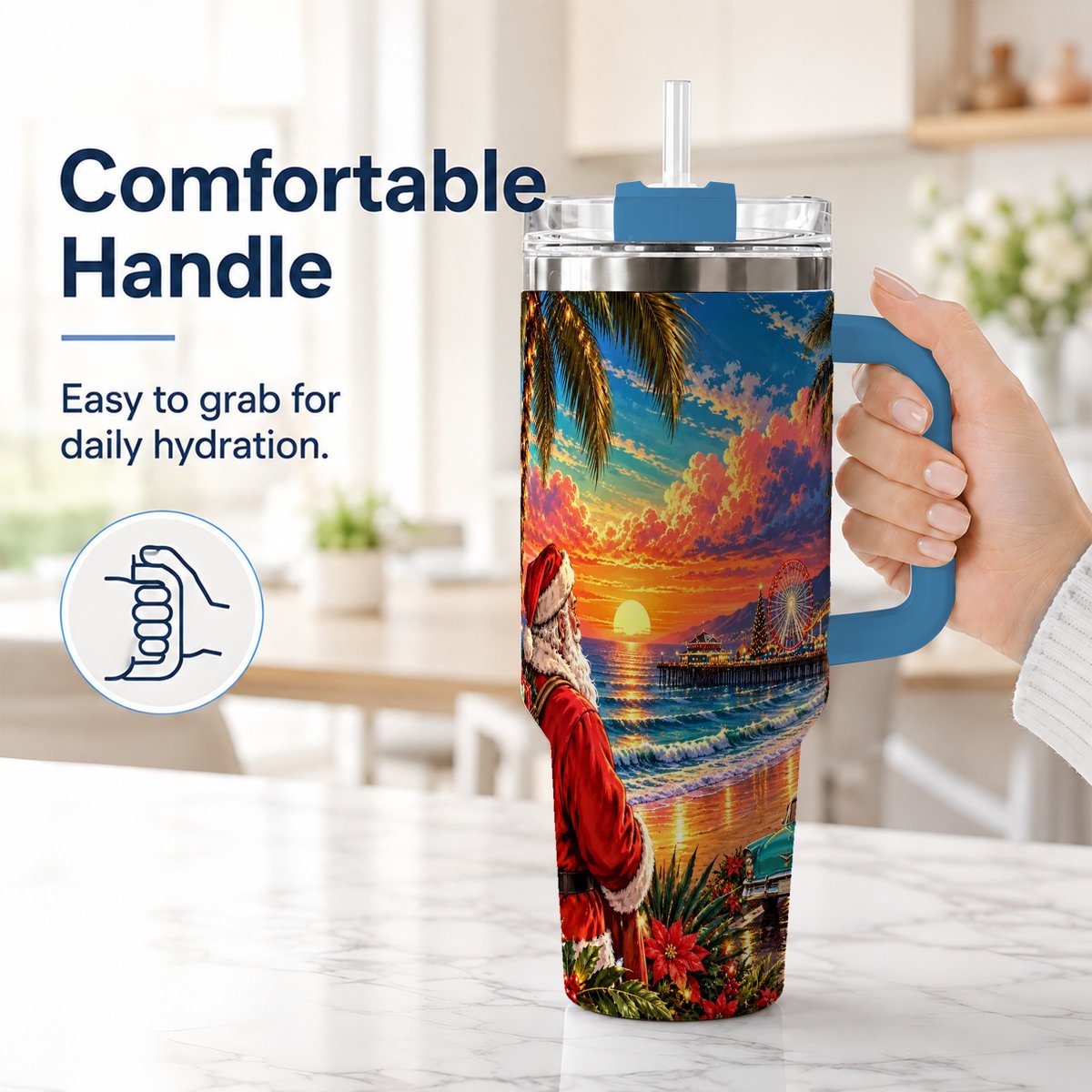 #pl[40oz|Blue] Coastal Santa 40oz Tumbler with Handle, Tropical Christmas Sunset