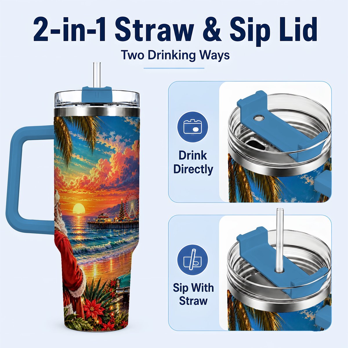 #pl[40oz|Blue] Coastal Santa 40oz Tumbler with Handle, Tropical Christmas Sunset