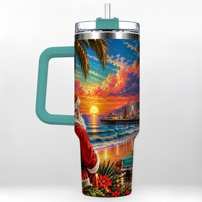 #pl[40oz|Green] Coastal Santa 40oz Tumbler with Handle, Tropical Christmas Sunset