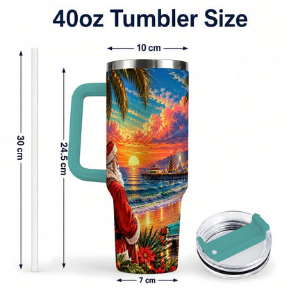#pl[40oz|Green] Coastal Santa 40oz Tumbler with Handle, Tropical Christmas Sunset