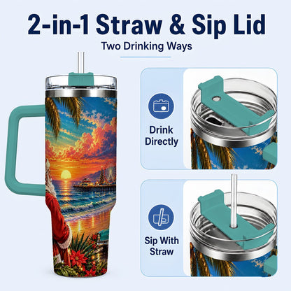 #pl[40oz|Green] Coastal Santa 40oz Tumbler with Handle, Tropical Christmas Sunset