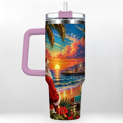 #pl[40oz|Pink] Coastal Santa 40oz Tumbler with Handle, Tropical Christmas Sunset