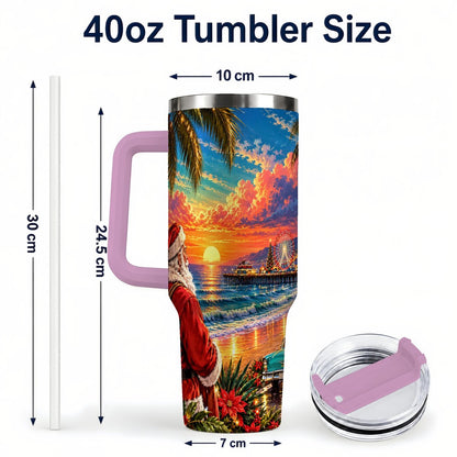 #pl[40oz|Pink] Coastal Santa 40oz Tumbler with Handle, Tropical Christmas Sunset