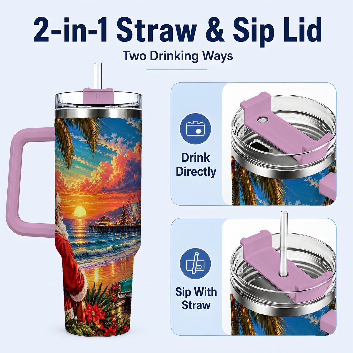 #pl[40oz|Pink] Coastal Santa 40oz Tumbler with Handle, Tropical Christmas Sunset