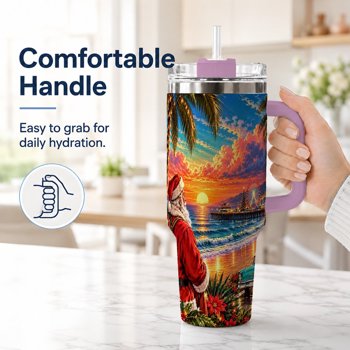#pl[40oz|Pink] Coastal Santa 40oz Tumbler with Handle, Tropical Christmas Sunset