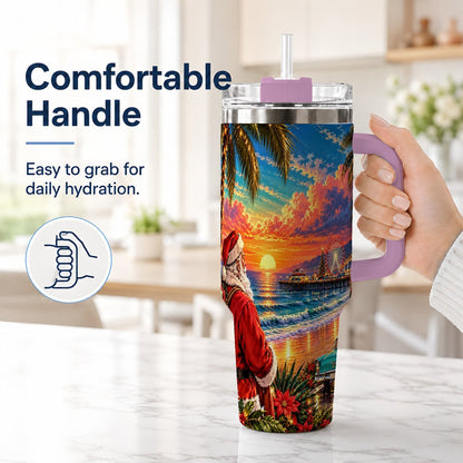 #pl[40oz|Pink] Coastal Santa 40oz Tumbler with Handle, Tropical Christmas Sunset