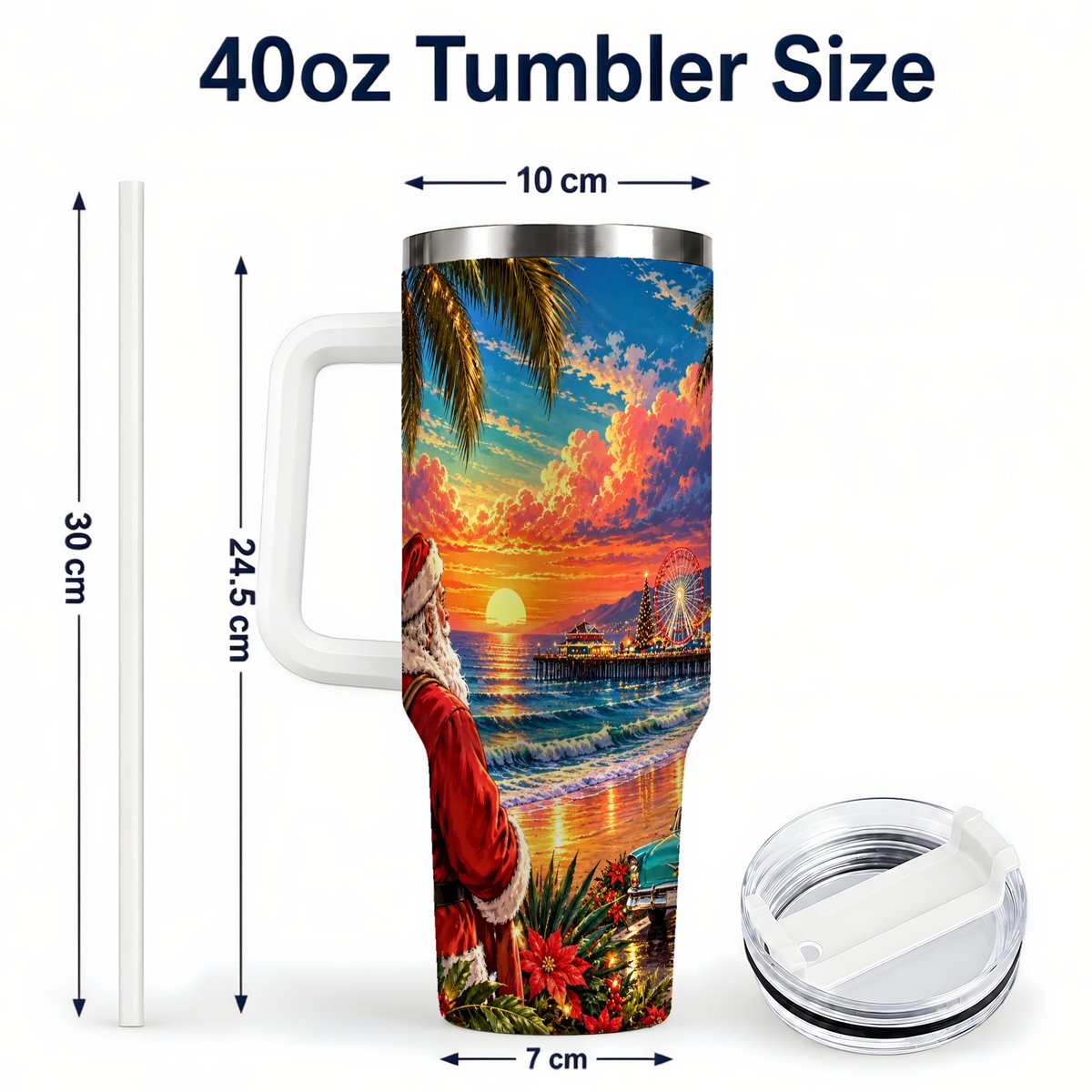 #pl[40oz|White] Coastal Santa 40oz Tumbler with Handle, Tropical Christmas Sunset