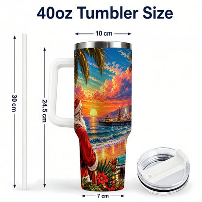 #pl[40oz|White] Coastal Santa 40oz Tumbler with Handle, Tropical Christmas Sunset