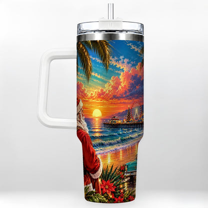 Coastal Santa 40oz Tumbler with Handle, Tropical Christmas Sunset