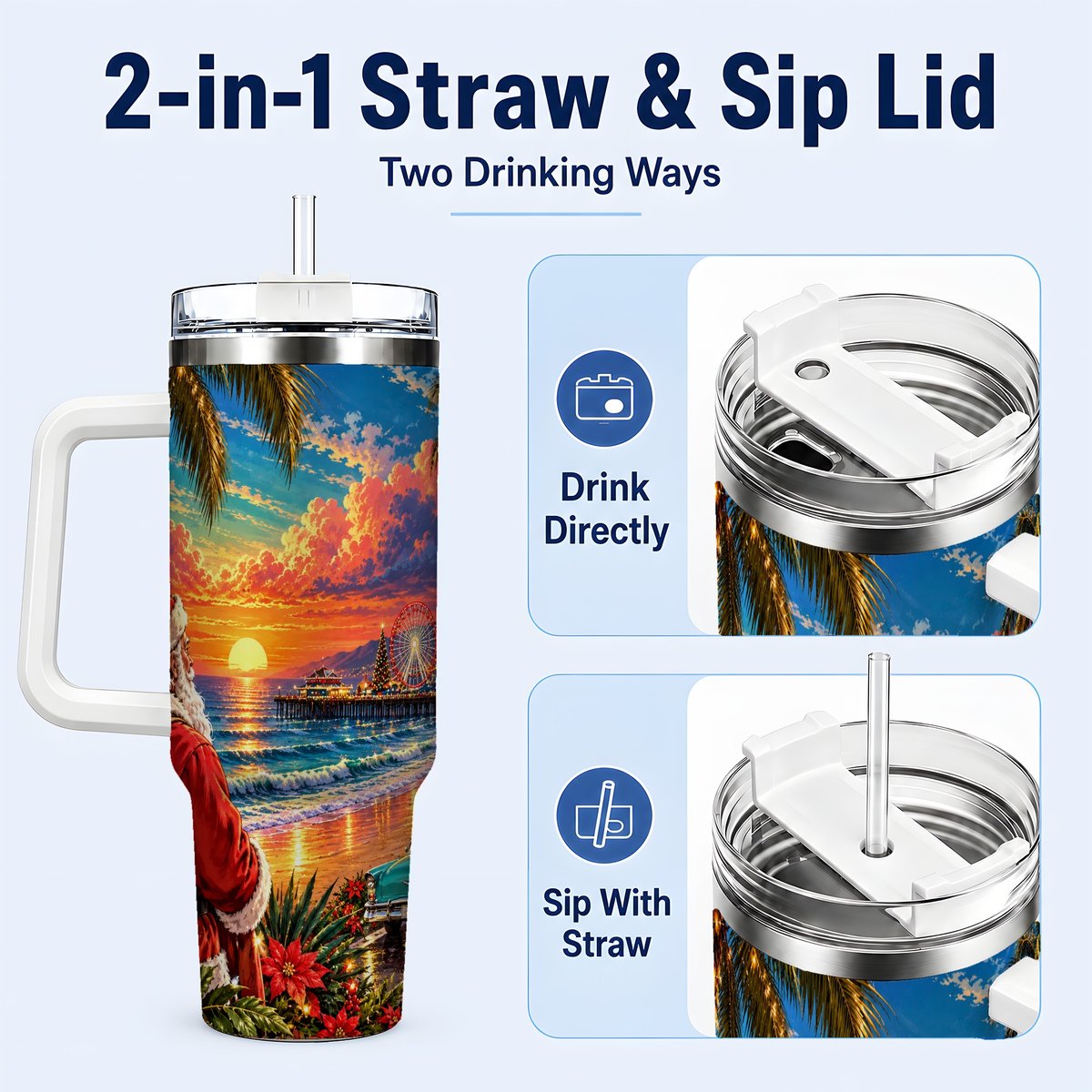 #pl[40oz|White] Coastal Santa 40oz Tumbler with Handle, Tropical Christmas Sunset