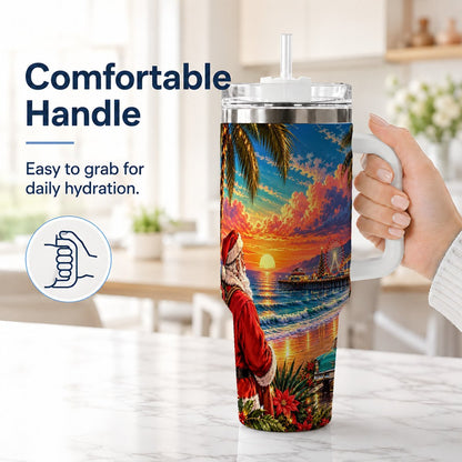 #pl[40oz|White] Coastal Santa 40oz Tumbler with Handle, Tropical Christmas Sunset