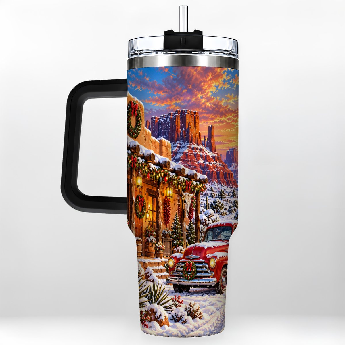 #pl[40oz|Black] Southwest Christmas 40oz Tumbler with Handle, Vintage Pickup Art