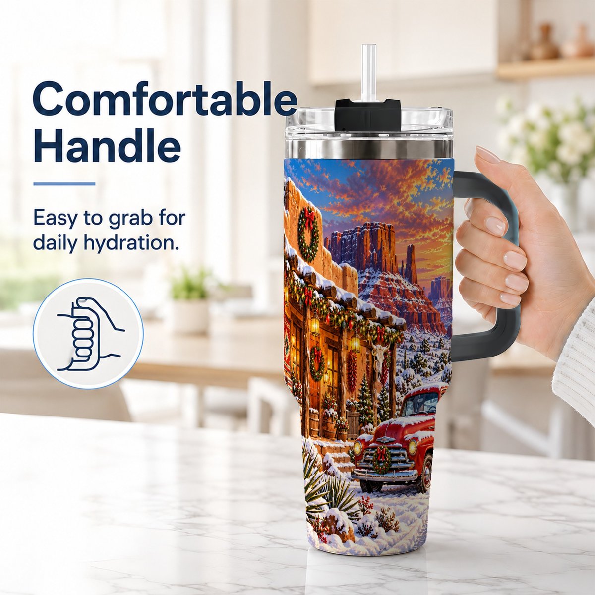 #pl[40oz|Black] Southwest Christmas 40oz Tumbler with Handle, Vintage Pickup Art
