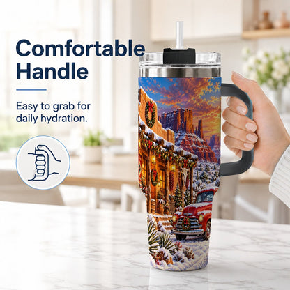 #pl[40oz|Black] Southwest Christmas 40oz Tumbler with Handle, Vintage Pickup Art
