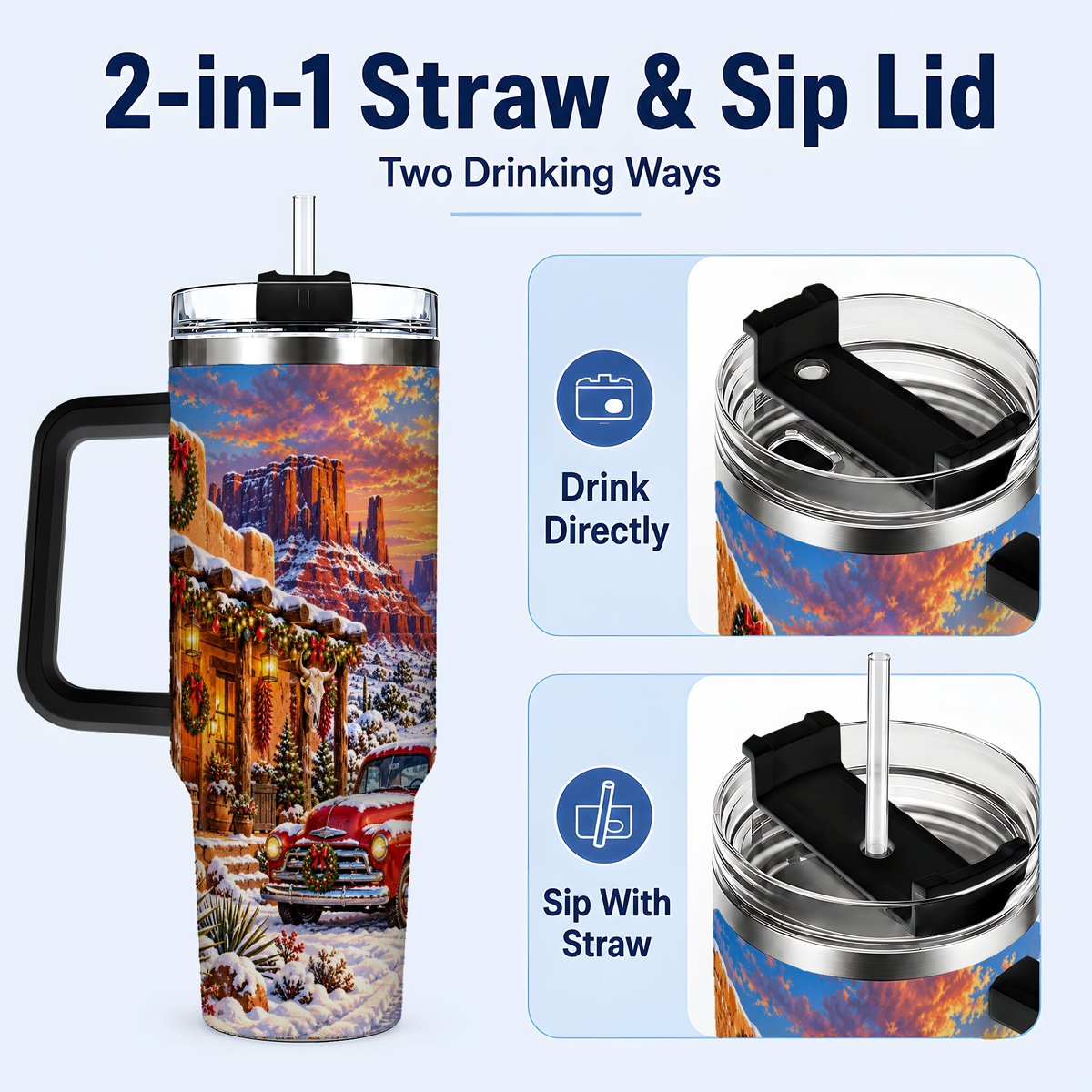 #pl[40oz|Black] Southwest Christmas 40oz Tumbler with Handle, Vintage Pickup Art