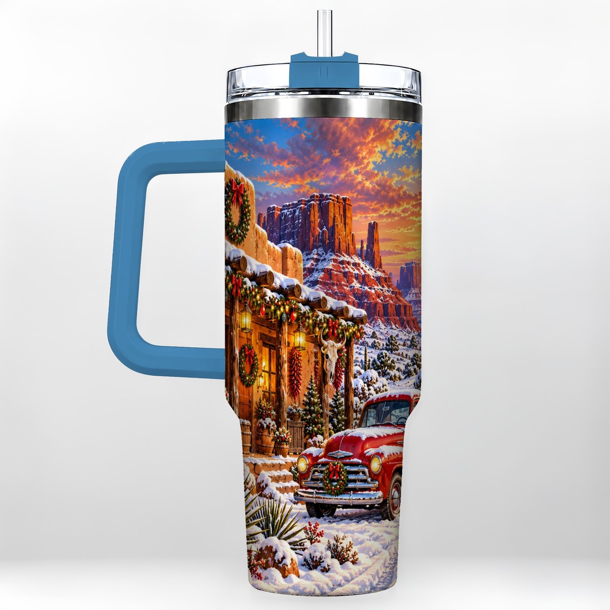 #pl[40oz|Blue] Southwest Christmas 40oz Tumbler with Handle, Vintage Pickup Art