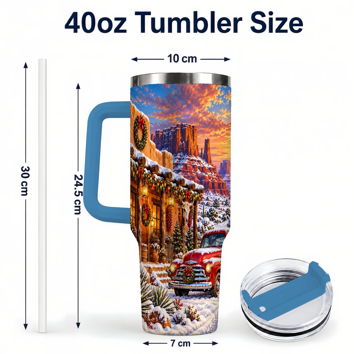 #pl[40oz|Blue] Southwest Christmas 40oz Tumbler with Handle, Vintage Pickup Art