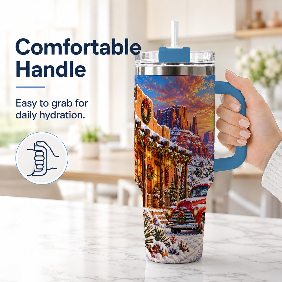 #pl[40oz|Blue] Southwest Christmas 40oz Tumbler with Handle, Vintage Pickup Art