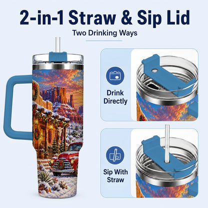 #pl[40oz|Blue] Southwest Christmas 40oz Tumbler with Handle, Vintage Pickup Art