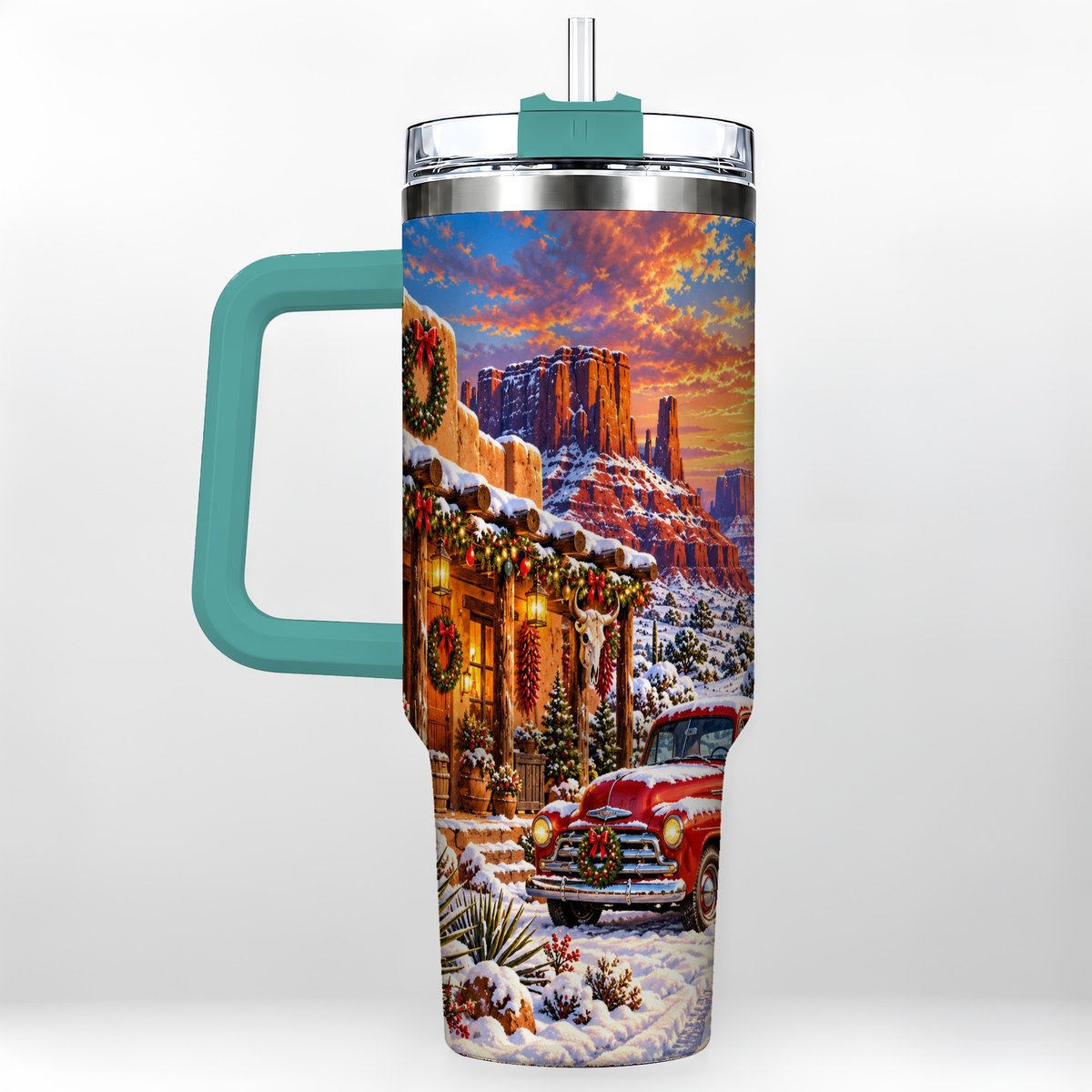 #pl[40oz|Green] Southwest Christmas 40oz Tumbler with Handle, Vintage Pickup Art