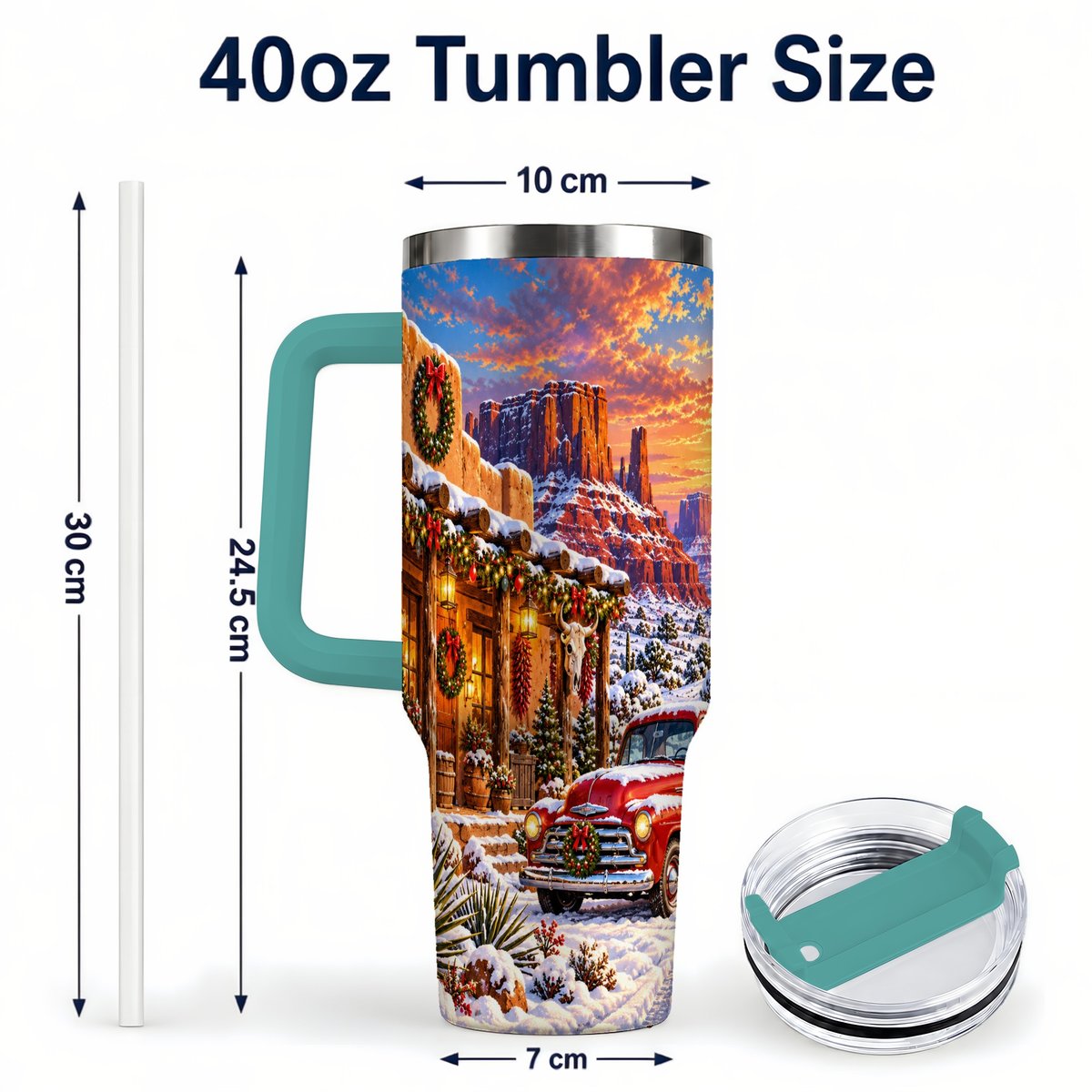 #pl[40oz|Green] Southwest Christmas 40oz Tumbler with Handle, Vintage Pickup Art