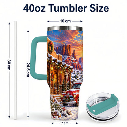 #pl[40oz|Green] Southwest Christmas 40oz Tumbler with Handle, Vintage Pickup Art