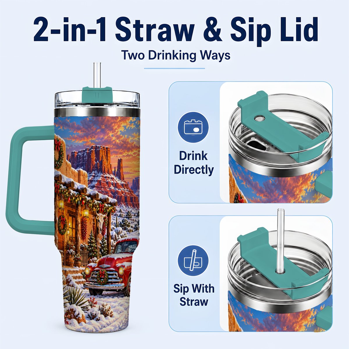 #pl[40oz|Green] Southwest Christmas 40oz Tumbler with Handle, Vintage Pickup Art