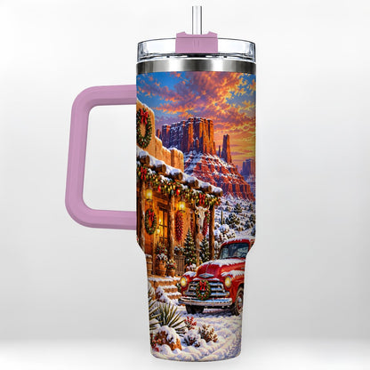 #pl[40oz|Pink] Southwest Christmas 40oz Tumbler with Handle, Vintage Pickup Art