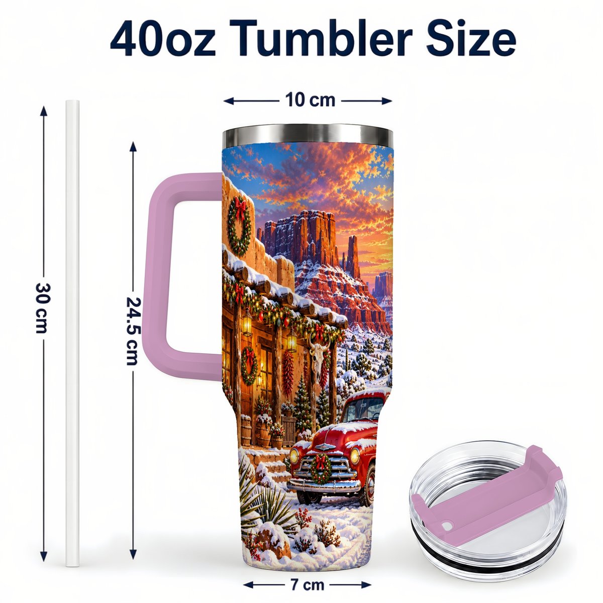 #pl[40oz|Pink] Southwest Christmas 40oz Tumbler with Handle, Vintage Pickup Art