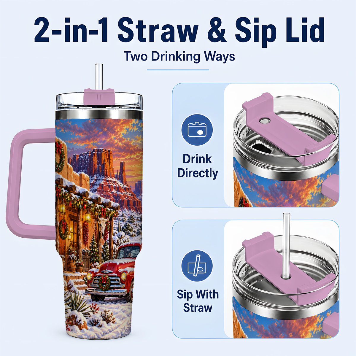 #pl[40oz|Pink] Southwest Christmas 40oz Tumbler with Handle, Vintage Pickup Art