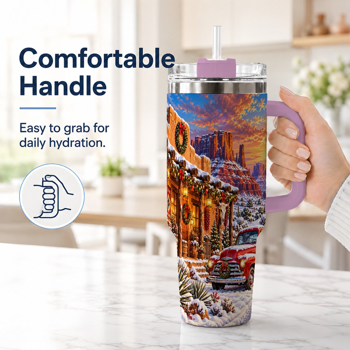 #pl[40oz|Pink] Southwest Christmas 40oz Tumbler with Handle, Vintage Pickup Art