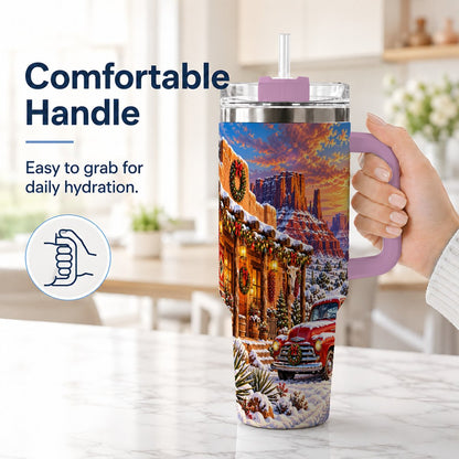 #pl[40oz|Pink] Southwest Christmas 40oz Tumbler with Handle, Vintage Pickup Art