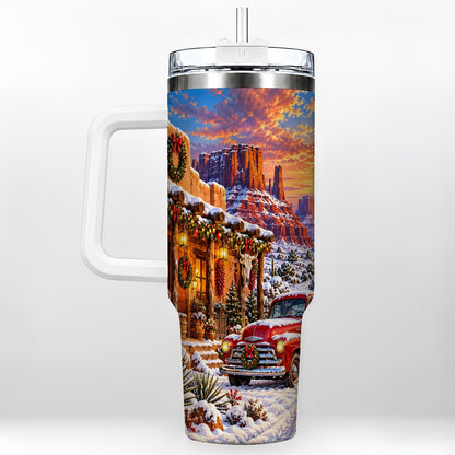 Southwest Christmas 40oz Tumbler with Handle, Vintage Pickup Art