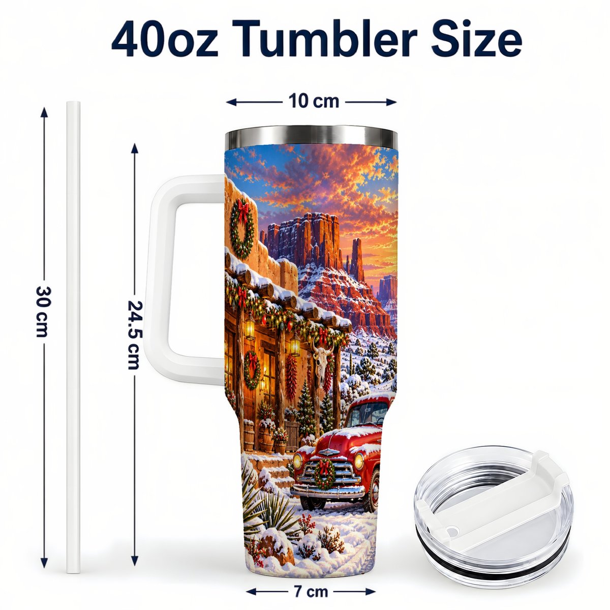 #pl[40oz|White] Southwest Christmas 40oz Tumbler with Handle, Vintage Pickup Art