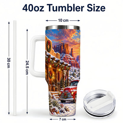 #pl[40oz|White] Southwest Christmas 40oz Tumbler with Handle, Vintage Pickup Art