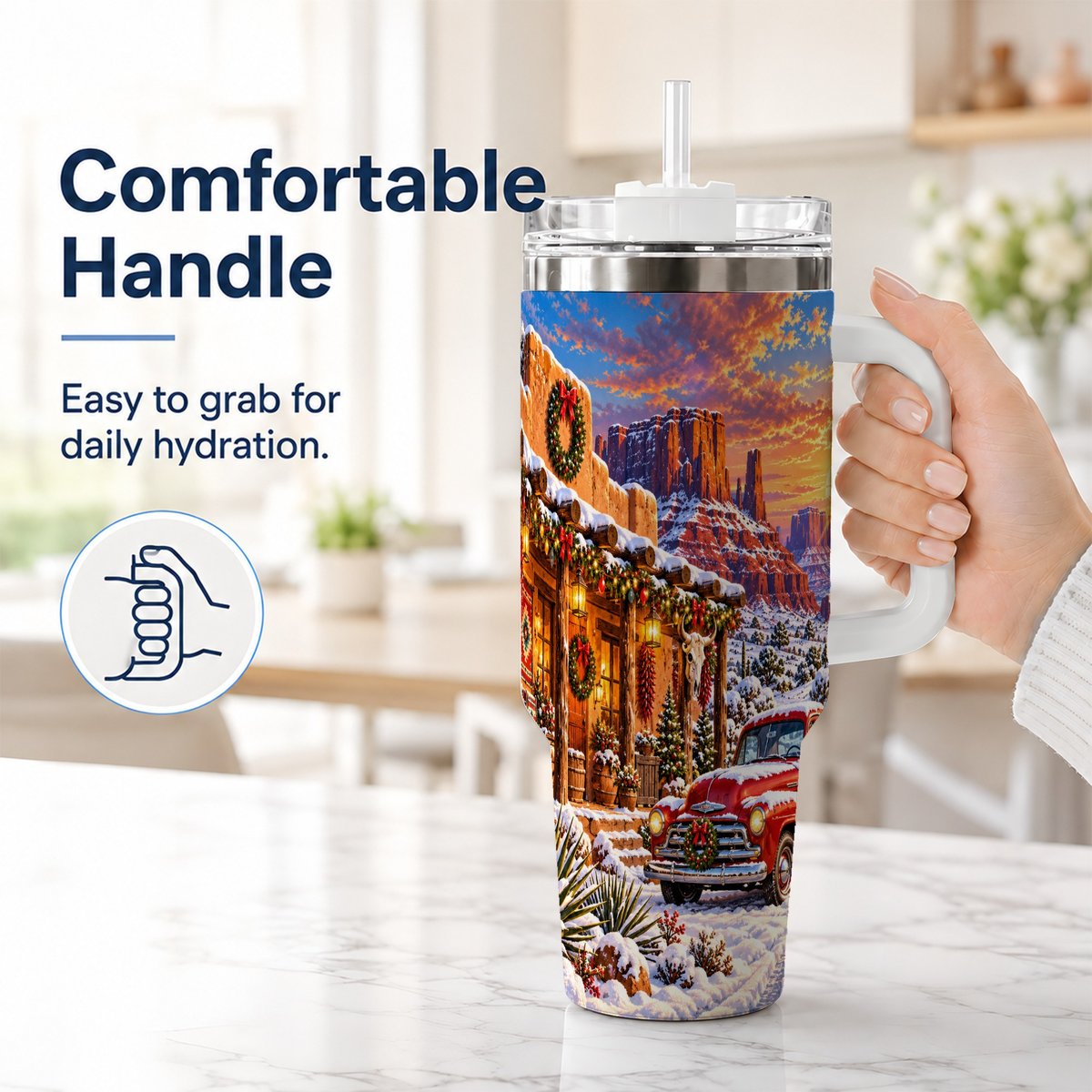 #pl[40oz|White] Southwest Christmas 40oz Tumbler with Handle, Vintage Pickup Art