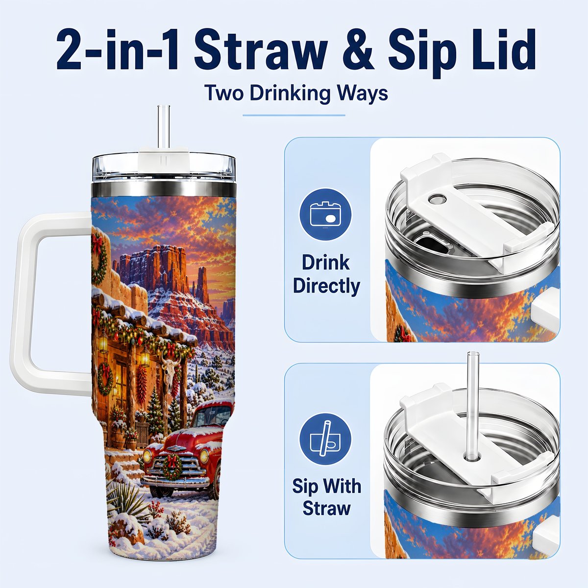 #pl[40oz|White] Southwest Christmas 40oz Tumbler with Handle, Vintage Pickup Art