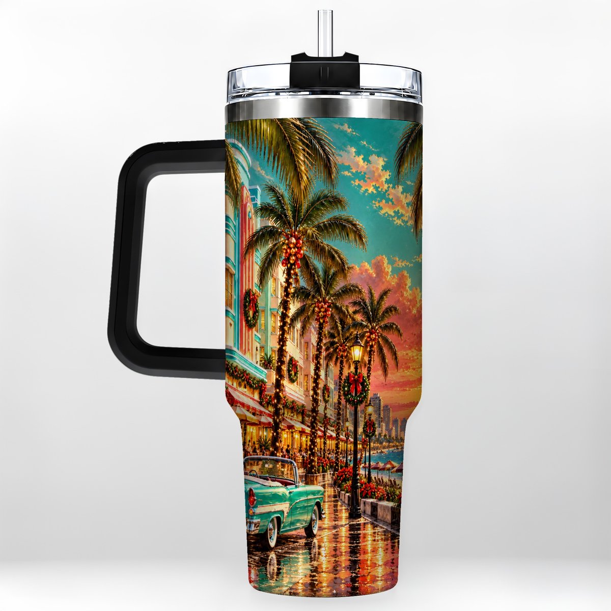 #pl[40oz|Black] Tropical Christmas 40oz Tumbler with Handle, Coastal Evening Art