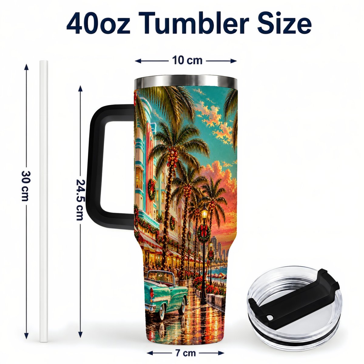 #pl[40oz|Black] Tropical Christmas 40oz Tumbler with Handle, Coastal Evening Art