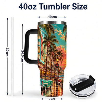 #pl[40oz|Black] Tropical Christmas 40oz Tumbler with Handle, Coastal Evening Art