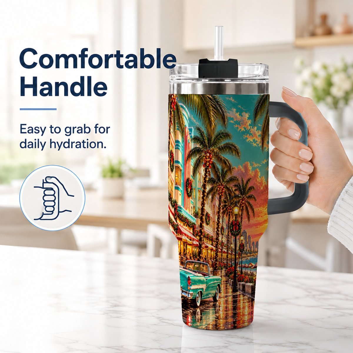 #pl[40oz|Black] Tropical Christmas 40oz Tumbler with Handle, Coastal Evening Art