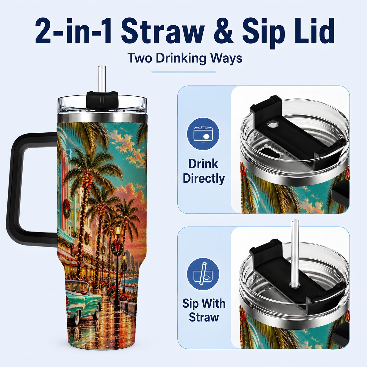 #pl[40oz|Black] Tropical Christmas 40oz Tumbler with Handle, Coastal Evening Art