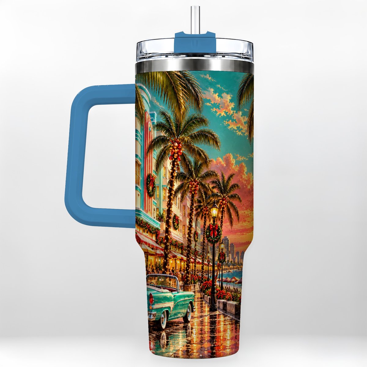 #pl[40oz|Blue] Tropical Christmas 40oz Tumbler with Handle, Coastal Evening Art