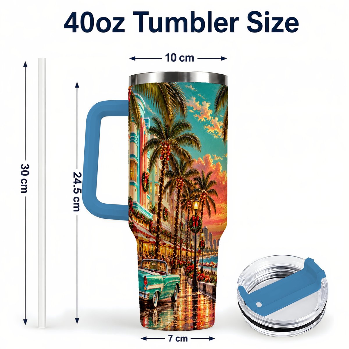 #pl[40oz|Blue] Tropical Christmas 40oz Tumbler with Handle, Coastal Evening Art