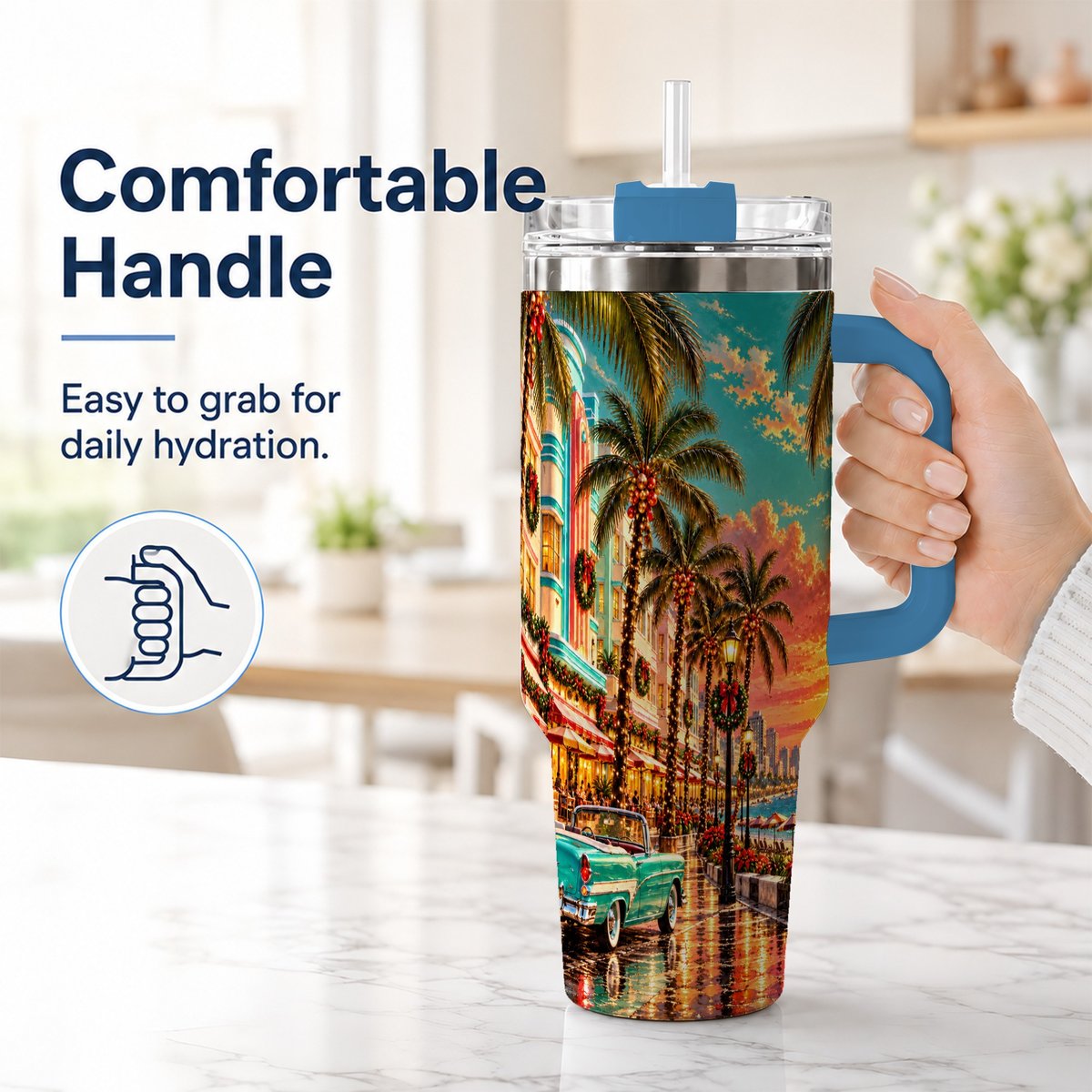 #pl[40oz|Blue] Tropical Christmas 40oz Tumbler with Handle, Coastal Evening Art