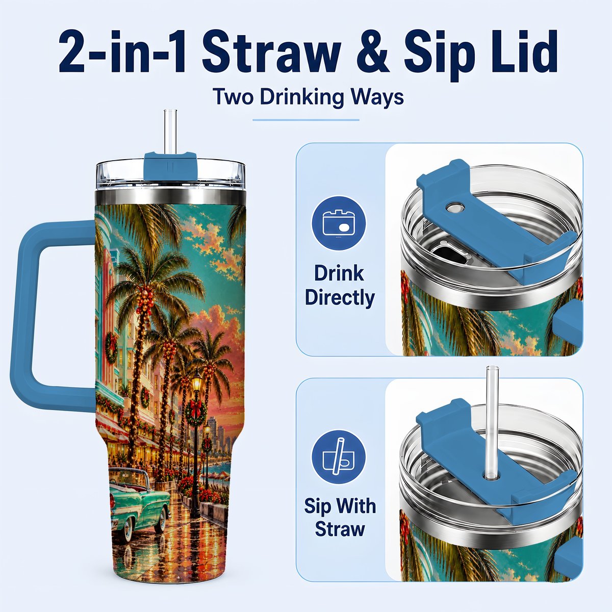 #pl[40oz|Blue] Tropical Christmas 40oz Tumbler with Handle, Coastal Evening Art